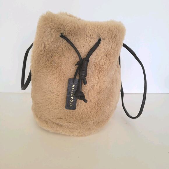 Helipole Beige Fluffy Faux Fur Hobo Shoulder Bucket Bag Drawstring Small Rustic - Picture 1 of 9